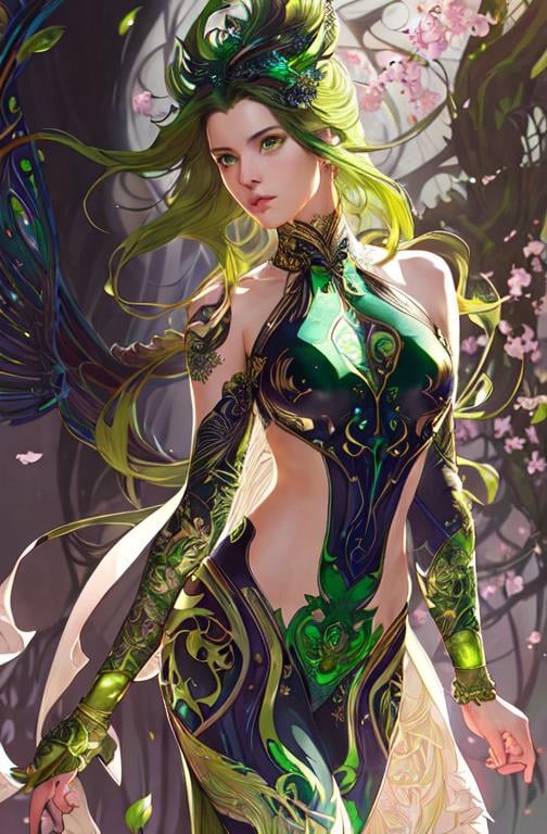 Prompt: Detailed eyes flawless eyes Gorgeous chartreuse greenest hair natural lime flair goddess, intricate, dramatic full body pose, magnificent, masterpiece, by minjae lee, by James jean, by WLOP, mucha, Waterhouse, by eve ventrue, by anna dittmann, by Alessio Albi, dynamic lighting, green, emeralds