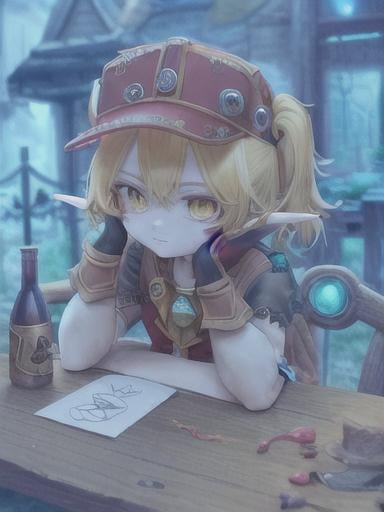 Prompt: chibi klee  elf girl with a tender face, sitting in front of a table, yellow hair, large contrasting eyes between brown and red, wears a red Gavroche Cap with a black visor that has a brooch on the left from which 2 long white feathers come out, the Cap Gavroche, in addition to the brooch, has an embroidery in the center of the front with a 4-leaf clover, his large eyes have anime-style flashes of light, his mouth is open and wobbly watching a delicious fish dish on the table while it drains from him a little drool, she wears a red raincoat with a hood and a light brown or cream scarf, her hands are in fists holding a fork in the left and a knife in the right while she raises her arms ready to eat, she is carrying a brown bag from which A cream-colored wool doll similar to a ball hangs, on the plate on the table is a delicious Japanese baked fish.