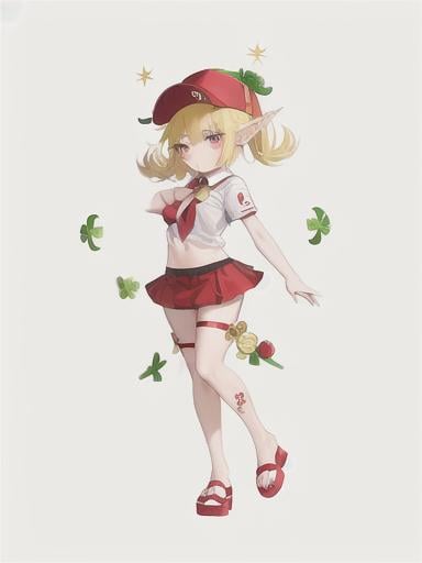 Prompt: chibi elf girl with a cute face, angry pouting, yellow hair, big red eyes, (wears a red Gavroche cap with a black visor, has a brooch on the left of the cap, 2 long white feathers come out of the brooch), the cap Gavroche has an embroidery on the front with a 4-leaf clover, waves her arms to the sides in frustration, she wears a red trench coat with a hood and a light brown or cream colored scarf, her hands are in fists, she is carrying a bag brown from which hangs a cream-colored wool doll similar to a ball, a white baggy shorts, 2 legs with brown shoes