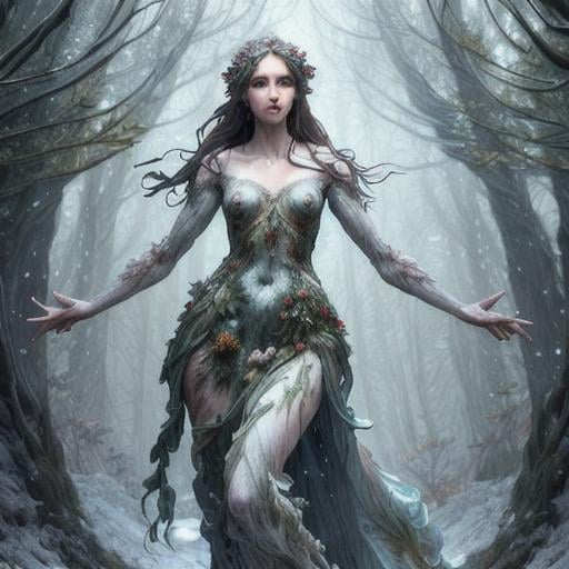 Prompt: Full-body detailed masterpiece dryads winter very beautiful physical features, just behind her a winter forest in full transition to spring, flowers growing snow melting detailed face detailed body volumetric soft lighting cold colors 8k resolution by Greg Rutkowski Artgerm Alphonse Mucha dynamic lighting hyperdetailed intricately detailed Splash art trending on Artstation Unreal Engine 5 volumetric