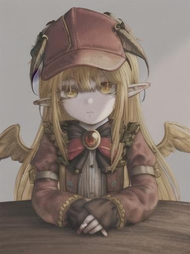 Prompt: chibi elf girl with a tender face, sitting in front of a table, yellow hair, large contrasting eyes between brown and red, wears a red Gavroche Cap with a black visor that has a brooch on the left from which 2 long white feathers come out, the Cap Gavroche, in addition to the brooch, has an embroidery in the center of the front with a 4-leaf clover, his large eyes have anime-style flashes of light, his mouth is open and wobbly watching a delicious fish dish on the table while it drains from him a little drool, she wears a red raincoat with a hood and a light brown or cream scarf, her hands are in fists holding a fork in the left and a knife in the right while she raises her arms ready to eat, she is carrying a brown bag from which A cream-colored wool doll similar to a ball hangs, on the plate on the table is a delicious Japanese baked fish.