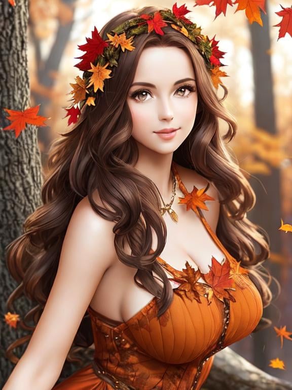 Prompt: dryads autumnal feminine great beauty and very beautiful physical features, just behind her oak surrounded by a thick autumnal forest volume...