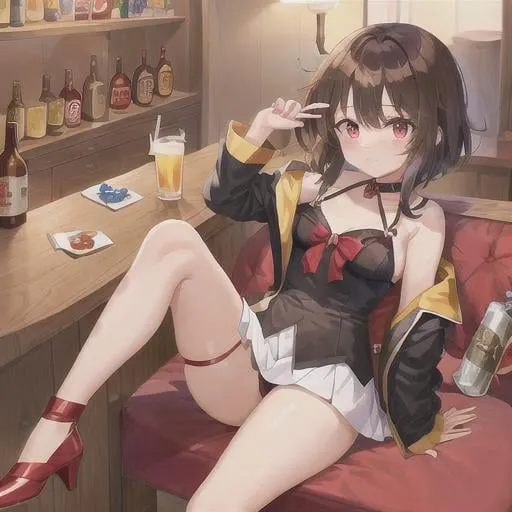 Prompt: ((masterpiece)), ((ultra-quality)), ((illustration)),3 girl, short hair 
Megumin, Yunyun y Cecily (cel anime:1.4), 
Drinking beer,Drunk,bar