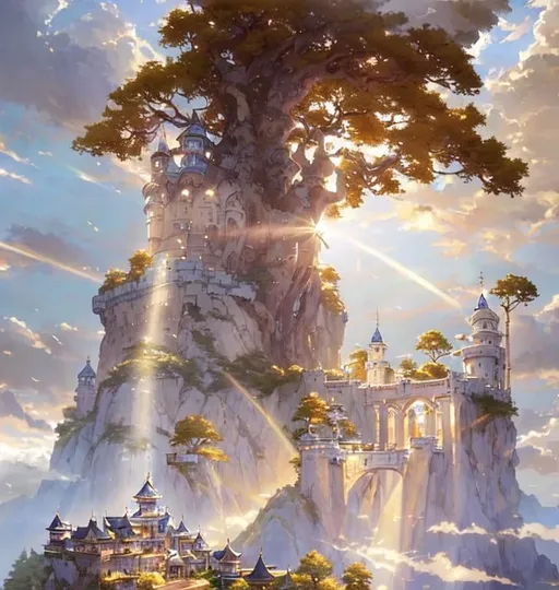 Prompt: warriors rpg game and floating castle heavenly sunshine beams divine bright soft focus holy in the clouds ethereal fantasy hyperdetailed mist Thomas Kinkade Studio Ghibli Anime Key Visual by Makoto Shinkai Deep Color Intricate Natural Lighting Beautiful Composition Epic brilliant stunning meticulously detailed dramatic atmospheric maximalist by artist Tamako Nakamura Anime Key Visual Japanese Manga Pixiv Zerochan Anime art Fantia