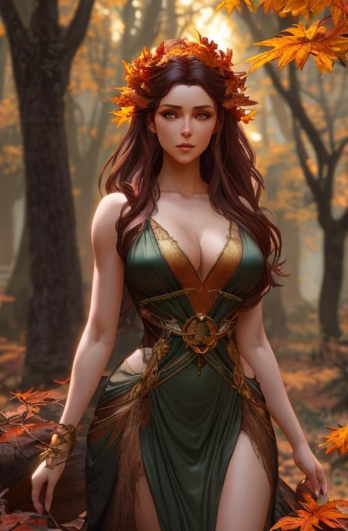 Prompt: dryads autumnal feminine great beauty and very beautiful physical features, just behind her oak surrounded by a thick autumnal forest volumetric soft lighting warm colors 8k resolution by Greg Rutkowski, Artgerm, Alphonse Mucha dynamic lighting hyperdetailed intricately detailed Splash art trending on Artstation Unreal Engine 5 volumetric lighting