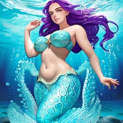 Prompt: una sirena de rostro definido, que se le vea todo el cuerpo y que tenga cola de pez, a esta me la sacas del agua y la montas en una piedra sin perderme resolución del rostro, saca la sirena del agua

