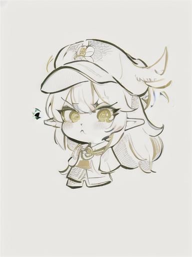 Prompt: chibi elf girl with a cute face, angry pouting, yellow hair, big red eyes, (wears a red Gavroche cap with a black visor, has a brooch on the left of the cap, 2 long white feathers come out of the brooch), the cap Gavroche has an embroidery on the front with a 4-leaf clover, waves her arms to the sides in frustration, she wears a red trench coat with a hood and a light brown or cream colored scarf, her hands are in fists, she is carrying a bag brown from which hangs a cream-colored wool doll similar to a ball, a white baggy shorts, 2 legs with brown shoes