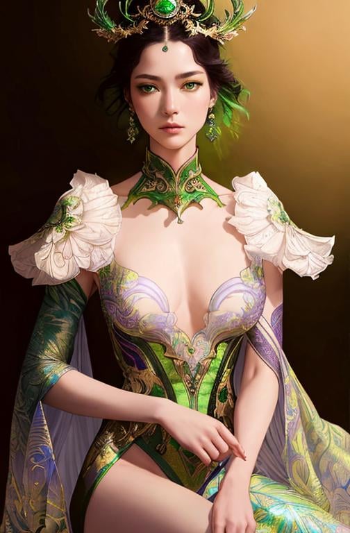 Prompt: Detailed eyes flawless eyes Gorgeous chartreuse greenest hair natural lime flair goddess, intricate, dramatic full body pose, magnificent, masterpiece, by minjae lee, by James jean, by WLOP, mucha, Waterhouse, by eve ventrue, by anna dittmann, by Alessio Albi, dynamic lighting, green, emeralds