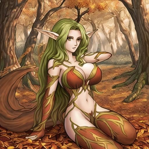 Prompt: dryads autumnal feminine great beauty and very beautiful physical features, just behind her oak surrounded by a thick autumnal forest volume