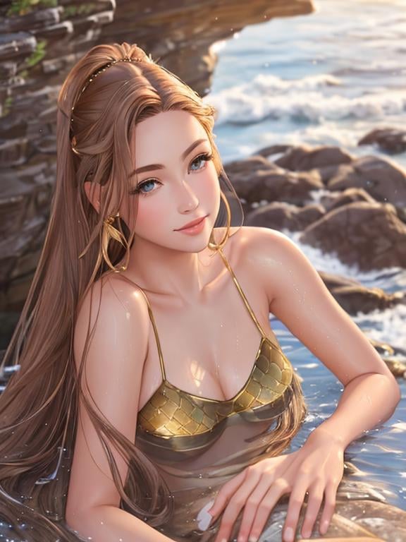 Prompt: realistic portrait of a mermaid half woman half fish tail longer than the torso, frolicking sitting on the rocks above the water, wet hair, perfect proportion,  Defined face, perfect eyes, beautiful face, well detailed and defined, defined, sensual lips with a beautiful smile, hair with a brown color gradient to gold balayage, 