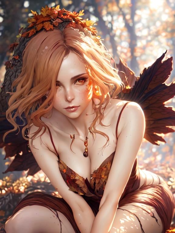 Prompt: dryads autumnal feminine great beauty and very beautiful physical features, just behind her oak surrounded by a thick autumnal forest volumetric soft lighting warm colors 8k resolution by Greg Rutkowski, Artgerm, Alphonse Mucha dynamic lighting hyperdetailed intricately detailed Splash art trending on Artstation Unreal Engine 5 volumetric lighting