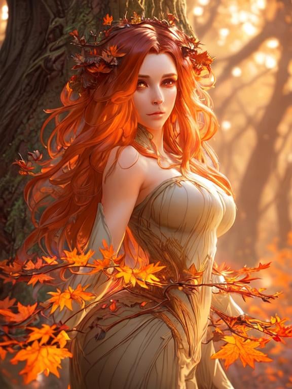 Prompt: dryads autumnal feminine great beauty and very beautiful physical features, just behind her oak surrounded by a thick autumnal forest volumetric soft lighting warm colors 8k resolution by Greg Rutkowski, Artgerm, Alphonse Mucha dynamic lighting hyperdetailed intricately detailed Splash art trending on Artstation Unreal Engine 5 volumetric lighting