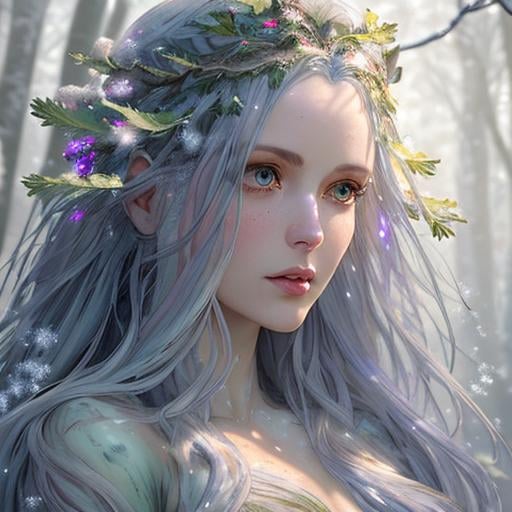 Prompt: dryads winter feminine great beauty and very beautiful physical features, just behind her a winter forest in full transition to spring, flowers growing snow melting volumetric soft lighting cold colors 8k resolution by Greg Rutkowski, Artgerm, Alphonse Mucha dynamic lighting hyperdetailed intricately detailed Splash art trending on Artstation Unreal Engine 5 volumetric lighting