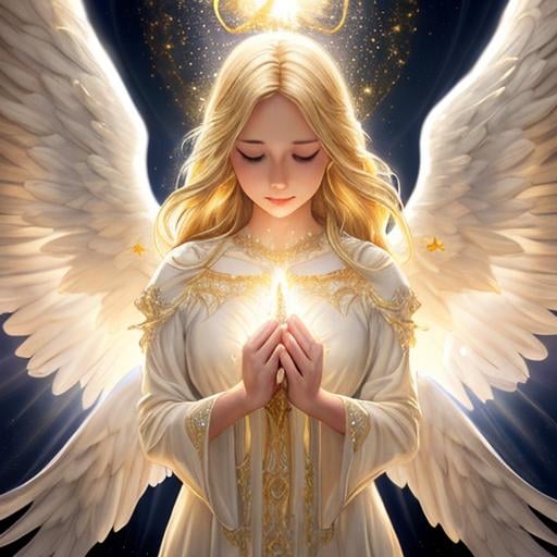 Prompt: Angel, beautiful face, detailed face, blonde, shining, holy light background, wide white wings, full body, mythical, fantasy, elegant, hyperrealism, highly detailed, intricate detailed,dynamic lighting, 4K, HD.