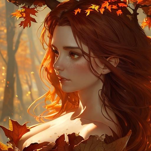 Prompt: dryads autumnal feminine great beauty and very beautiful physical features, just behind her oak surrounded by a thick autumnal forest volumetric soft lighting warm colors 8k resolution by Greg Rutkowski, Artgerm, Alphonse Mucha dynamic lighting hyperdetailed intricately detailed Splash art trending on Artstation Unreal Engine 5 volumetric lighting