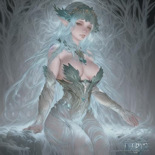 Prompt: dryads winter feminine great beauty and very beautiful physical features, just behind her a winter forest in full transition to spring, flowers growing snow melting volumetric soft lighting cold colors 8k resolution by Greg Rutkowski, Artgerm, Alphonse Mucha dynamic lighting hyperdetailed intricately detailed Splash art trending on Artstation Unreal Engine 5 volumetric lighting