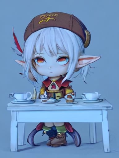 Prompt: chibi elf girl with a tender face, sitting in front of a table, yellow hair, large contrasting eyes between brown and red, wears a red Gavroche Cap with a black visor that has a brooch on the left from which 2 long white feathers come out, the Cap Gavroche, in addition to the brooch, has an embroidery in the center of the front with a 4-leaf clover, his large eyes have anime-style flashes of light, his mouth is open and wobbly watching a delicious fish dish on the table while it drains from him a little drool, she wears a red raincoat with a hood and a light brown or cream scarf, her hands are in fists holding a fork in the left and a knife in the right while she raises her arms ready to eat, she is carrying a brown bag from which A cream-colored wool doll similar to a ball hangs, on the plate on the table is a delicious Japanese baked fish.