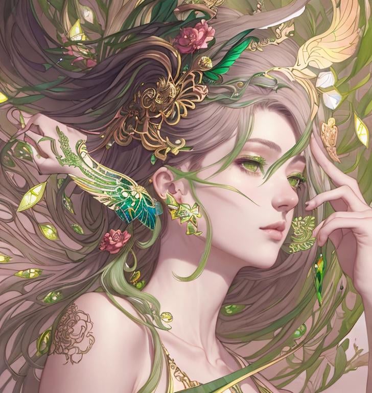 Prompt: Detailed eyes flawless eyes Gorgeous chartreuse greenest hair natural lime flair goddess, intricate, dramatic full body pose, magnificent, masterpiece, by minjae lee, by James jean, by WLOP, mucha, Waterhouse, by eve ventrue, by anna dittmann, by Alessio Albi, dynamic lighting, green, emeralds