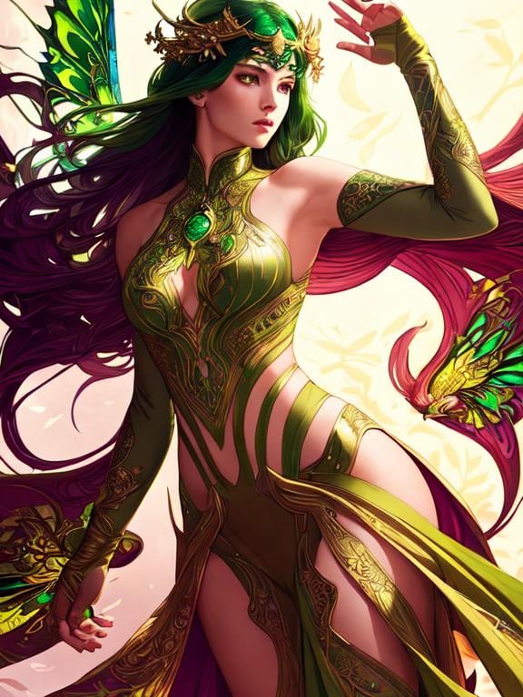 Prompt: Detailed eyes flawless eyes Gorgeous chartreuse greenest hair natural lime flair goddess, intricate, dramatic full body pose, magnificent, masterpiece, by minjae lee, by James jean, by WLOP, mucha, Waterhouse, by eve ventrue, by anna dittmann, by Alessio Albi, dynamic lighting, green, emeralds