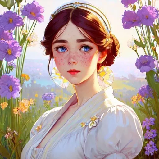 Prompt: Cute girl with freckles, high bun, breton dress, flowers in hair, intricate, detailed face. by Ilya Kuvshinov and Alphonse Mucha. Dreamy, pastel colors, honey, red lips, blue eyes, diamond diadem, clear eyes