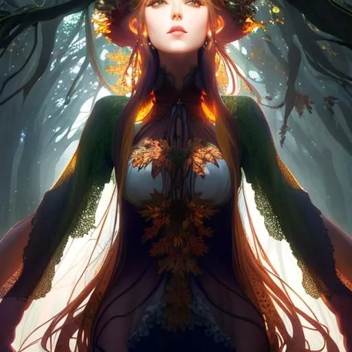 Prompt: dryads autumnal feminine great beauty and very beautiful physical features, just behind her oak surrounded by a thick autumnal forest volumetric soft lighting warm colors 8k resolution by Greg Rutkowski, Artgerm, Alphonse Mucha dynamic lighting hyperdetailed intricately detailed Splash art trending on Artstation Unreal Engine 5 volumetric lighting