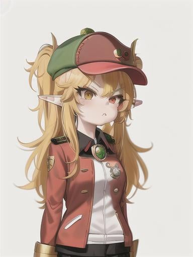 Prompt: chibi elf girl with a cute face, angry pouting, yellow hair, big red eyes, (wears a red Gavroche cap with a black visor, has a brooch on the left of the cap, 2 long white feathers come out of the brooch), the cap Gavroche has an embroidery on the front with a 4-leaf clover, waves her arms to the sides in frustration, she wears a red trench coat with a hood and a light brown or cream colored scarf, her hands are in fists, she is carrying a bag brown from which hangs a cream-colored wool doll similar to a ball, a white baggy shorts, 2 legs with brown shoes