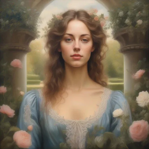 Prompt: Realistic painting of a beautiful woman in a garden, perfect composition, super detailed, high quality, painting strokes, intricate details, highly detailed, renaissance painting, baroque painting, paint texture, symmetrical face, ideal human, ultra details, ethereal lighting 