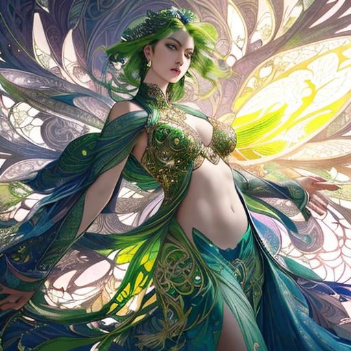 Prompt: Detailed eyes flawless eyes Gorgeous chartreuse greenest hair natural lime flair goddess, intricate, dramatic full body pose, magnificent, masterpiece, by minjae lee, by James jean, by WLOP, mucha, Waterhouse, by eve ventrue, by anna dittmann, by Alessio Albi, dynamic lighting, green, emeralds