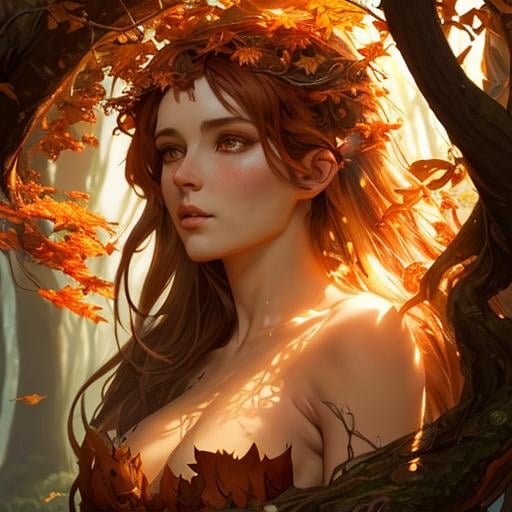 Prompt: dryads autumnal feminine great beauty and very beautiful physical features, just behind her oak surrounded by a thick autumnal forest volumetric soft lighting warm colors 8k resolution by Greg Rutkowski, Artgerm, Alphonse Mucha dynamic lighting hyperdetailed intricately detailed Splash art trending on Artstation Unreal Engine 5 volumetric lighting