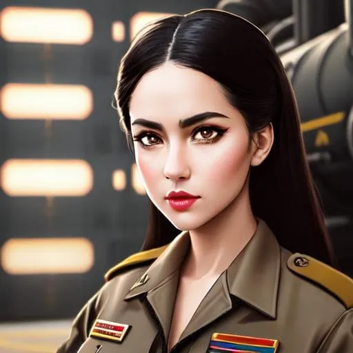 Prompt: Analog style body portrait+ style ; war girl, wearing baggy pants and military uniform visiting fuel refinery. hyper-realistic 8k shot of the day, beautiful morning hour high resolution. Hazel golden tan muted colored eyes. Long black hair. Shadow eyeliner. Predatory gaze. Fractals in irises of eyes. Natural muted colored lips. Pale skin.