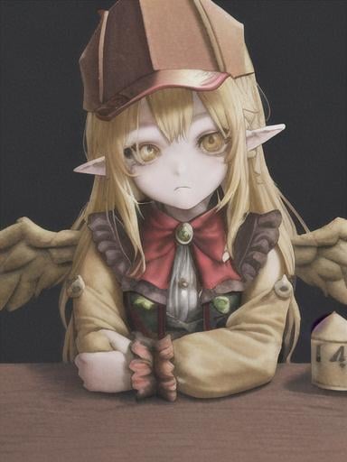 Prompt: chibi elf girl with a tender face, sitting in front of a table, yellow hair, large contrasting eyes between brown and red, wears a red Gavroche Cap with a black visor that has a brooch on the left from which 2 long white feathers come out, the Cap Gavroche, in addition to the brooch, has an embroidery in the center of the front with a 4-leaf clover, his large eyes have anime-style flashes of light, his mouth is open and wobbly watching a delicious fish dish on the table while it drains from him a little drool, she wears a red raincoat with a hood and a light brown or cream scarf, her hands are in fists holding a fork in the left and a knife in the right while she raises her arms ready to eat, she is carrying a brown bag from which A cream-colored wool doll similar to a ball hangs, on the plate on the table is a delicious Japanese baked fish.