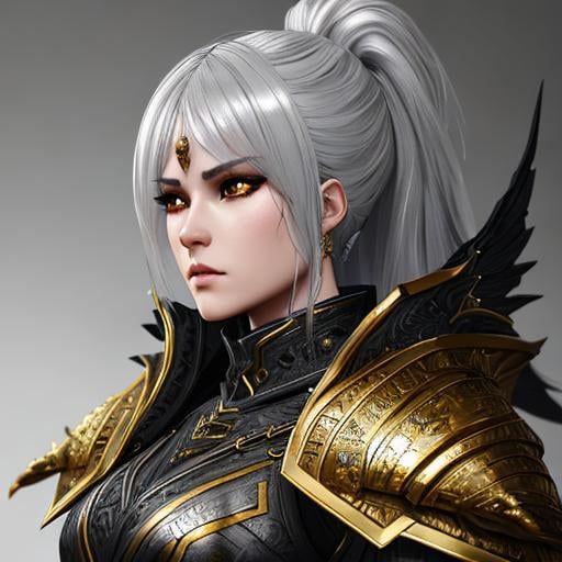 Prompt: full body armored female demon, gold and black arnor, grey hair, fantasy art, majestic, sharp armored, loneliness, depressing, hopelessness, suffering, detailed lips, mesmerizing, gorgeous, stunning, highly detailed concept art, high resolution scan, hd octane render, cinematic light, intricate detailed, highly detailed face, unreal engine, trending on artstation, UHD, 8k, Very detailed