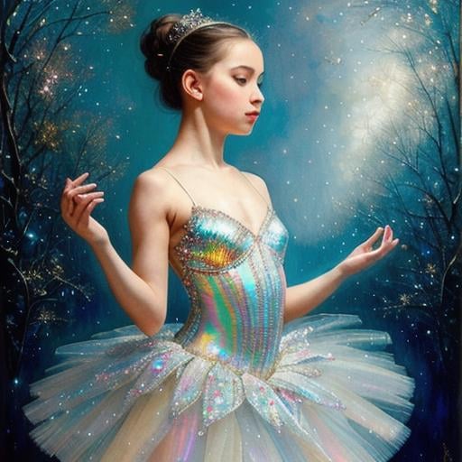 Prompt: Photorealistic portrait of a beautiful ballerina wearing a shinning, sparkling  leotard with delicate iridescent crystal intricate details and a Tutu made of boreal cosmic iridescent clouds , art for the game, queen of winter, very luminous design, Jean Baptiste Monge, James Jean, Mark Ryden, pino daeni, karol bak, cushart, wlop inspired by Ursula Wood, detailed hot maw, ice, ultra detailed. Ethereal background, style of arrival, concept image, frostbite, wlop, shimmer, glitter, highly detailed, unreal engine, super clear resolution, cinematic quality. full body,