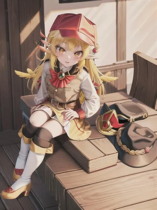 Prompt: chibi elf girl with a tender face, sitting in front of a table, yellow hair, large contrasting eyes between brown and red, wears a red Gavroche Cap with a black visor that has a brooch on the left from which 2 long white feathers come out, the Cap Gavroche, in addition to the brooch, has an embroidery in the center of the front with a 4-leaf clover, his large eyes have anime-style flashes of light, his mouth is open and wobbly watching a delicious fish dish on the table while it drains from him a little drool, she wears a red raincoat with a hood and a light brown or cream scarf, her hands are in fists holding a fork in the left and a knife in the right while she raises her arms ready to eat, she is carrying a brown bag from which A cream-colored wool doll similar to a ball hangs, on the plate on the table is a delicious Japanese baked fish. vibrant colors.