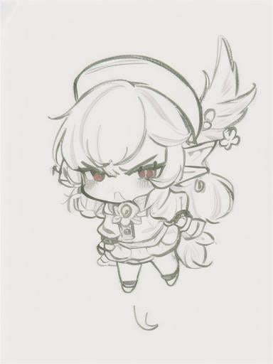 Prompt: chibi elf girl with a cute face, angry pouting, yellow hair, big red eyes, (wears a red Gavroche cap with a black visor, has a brooch on the left of the cap, 2 long white feathers come out of the brooch), the cap Gavroche has an embroidery on the front with a 4-leaf clover, waves her arms to the sides in frustration, she wears a red trench coat with a hood and a light brown or cream colored scarf, her hands are in fists, she is carrying a bag brown from which hangs a cream-colored wool doll similar to a ball, a white baggy shorts, 2 legs with brown shoes