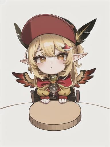 Prompt: chibi elf girl with a tender face, sitting in front of a table, yellow hair, large contrasting eyes between brown and red, wears a red Gavroche Cap with a black visor that has a brooch on the left from which 2 long white feathers come out, the Cap Gavroche, in addition to the brooch, has an embroidery in the center of the front with a 4-leaf clover, his large eyes have anime-style flashes of light, his mouth is open and wobbly watching a delicious fish dish on the table while it drains from him a little drool, she wears a red raincoat with a hood and a light brown or cream scarf, her hands are in fists holding a fork in the left and a knife in the right while she raises her arms ready to eat, she is carrying a brown bag from which A cream-colored wool doll similar to a ball hangs, on the plate on the table is a delicious Japanese baked fish. vibrant colors.