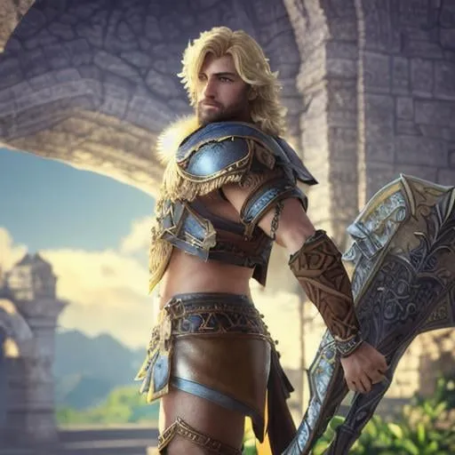 Prompt: male fantasy warrior, very handsome, medium musculature, dirty blonde, short wavy hair and short trimmed beard, full leather armor, very detailed eyes, UHD, 64K, sharp focus, studio photo, intricate details, highly detailed