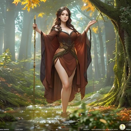 Prompt: dryads autumnal feminine great beauty and very beautiful physical features, just behind her oak surrounded by a thick autumnal forest volumetric soft lighting warm colors 8k resolution by Greg Rutkowski, Artgerm, Alphonse Mucha dynamic lighting hyperdetailed intricately detailed Splash art trending on Artstation Unreal Engine 5 volumetric lighting