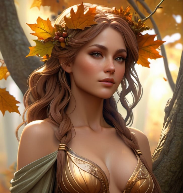 Prompt: dryads autumnal feminine great beauty and very beautiful physical features, just behind her oak surrounded by a thick autumnal forest volumetric soft lighting warm colors 8k resolution by Greg Rutkowski, Artgerm, Alphonse Mucha dynamic lighting hyperdetailed intricately detailed Splash art trending on Artstation Unreal Engine 5 volumetric lighting