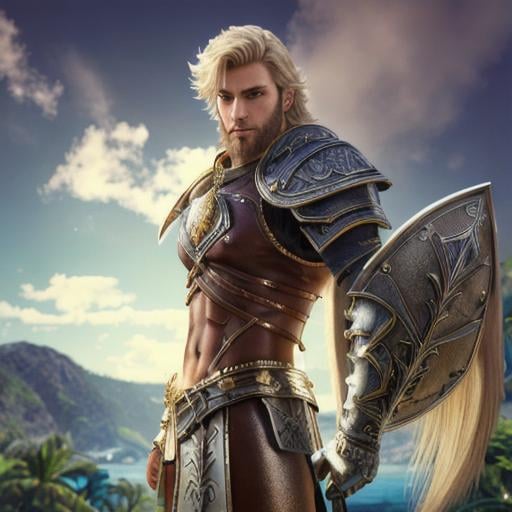 Prompt: male fantasy warrior, very handsome, medium musculature, dirty blonde, short wavy hair and short trimmed beard, full leather armor, very detailed eyes, UHD, 64K, sharp focus, studio photo, intricate details, highly detailed