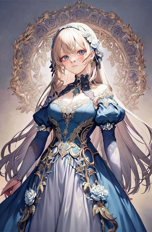 Prompt: The artwork is also infused with elements of various art movements, such as Rococo, Baroque, and Art Nouveau. The girl's gown features intricate patterns and ornate embellishments that are reminiscent of Rococo and Baroque styles, while the flowers and garden elements incorporate the flowing lines and organic shapes of Art Nouveau. 