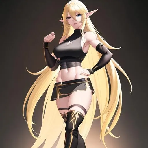 Prompt: photorealistic game character High elf woman with long blonde hair, dressed in a black tank top, black shorts under knee-length tight black pants with a half skirt over white cloth behind her legs, wears black knee-high boots and fingerless gloves, from standing in a fighting pose with legs crossed in front, with hands in fists, realistic detailed eyes, detailed mouth, detailed ears, detailed nose, perfect face, detailed eyeglasses, green jewelry set