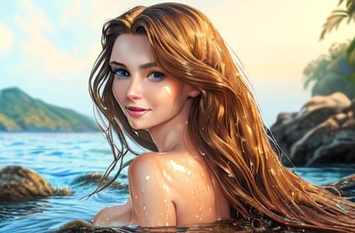 Prompt: realistic portrait of a mermaid half woman half fish tail longer than the torso, frolicking sitting on the rocks above the water, wet hair, perfect proportion,  Defined face, perfect eyes, beautiful face, well detailed and defined, defined, sensual lips with a beautiful smile, hair with a brown color gradient to gold balayage, 