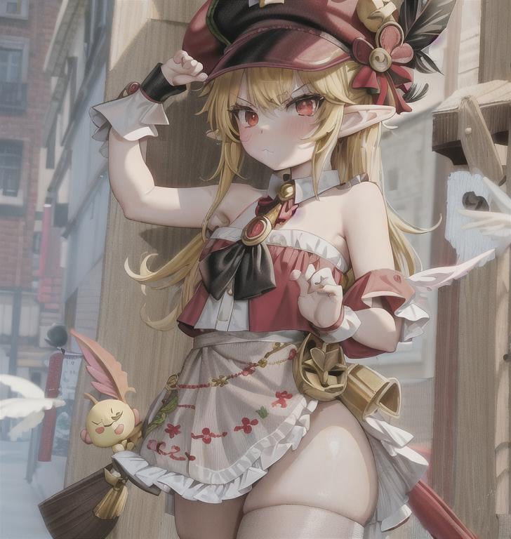 Prompt: chibi elf girl with a cute face, angry pouting, yellow hair, big red eyes, (wears a red Gavroche cap with a black visor, has a brooch on the left of the cap, 2 long white feathers come out of the brooch), the cap Gavroche has an embroidery on the front with a 4-leaf clover, waves her arms to the sides in frustration, she wears a red trench coat with a hood and a light brown or cream colored scarf, her hands are in fists, she is carrying a bag brown from which hangs a cream-colored wool doll similar to a ball, a white baggy shorts, 2 legs with brown shoes