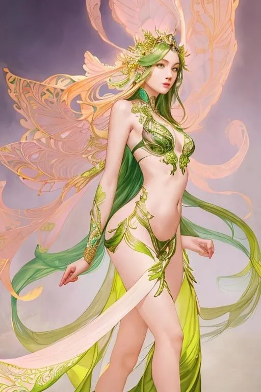 Prompt: Detailed eyes flawless eyes Gorgeous chartreuse greenest hair natural lime flair goddess, intricate, dramatic full body pose, magnificent, masterpiece, by minjae lee, by James jean, by WLOP, mucha, Waterhouse, by eve ventrue, by anna dittmann, by Alessio Albi, dynamic lighting, green, emeralds