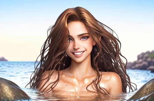 Prompt: realistic portrait of a mermaid half woman half fish tail longer than the torso, frolicking sitting on the rocks above the water, wet hair, perfect proportion,  Defined face, perfect eyes, beautiful face, well detailed and defined, defined, sensual lips with a beautiful smile and beautiful teeth, hair with a brown color gradient to gold balayage, 