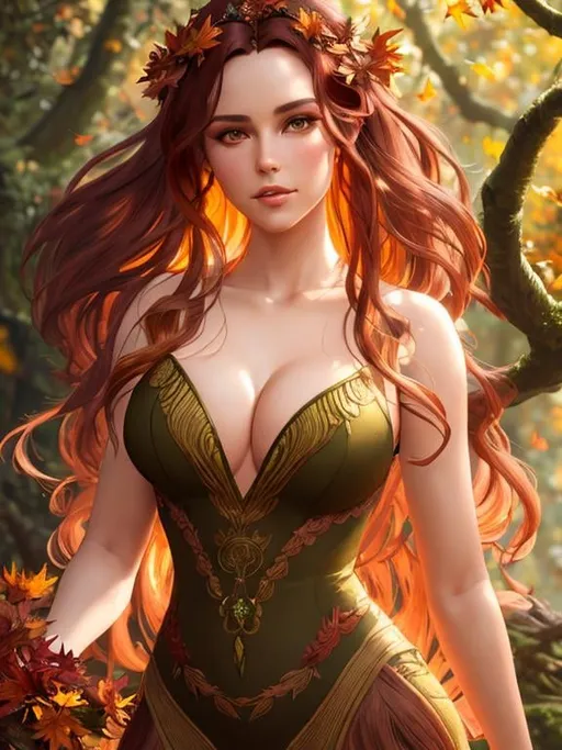 Prompt: dryads autumnal feminine great beauty and very beautiful physical features, just behind her oak surrounded by a thick autumnal forest volumetric soft lighting warm colors 8k resolution by Greg Rutkowski, Artgerm, Alphonse Mucha dynamic lighting hyperdetailed intricately detailed Splash art trending on Artstation Unreal Engine 5 volumetric lighting