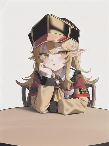 Prompt: chibi elf girl with a tender face, sitting in front of a table, yellow hair, large contrasting eyes between brown and red, wears a red Gavroche Cap with a black visor that has a brooch on the left from which 2 long white feathers come out, the Cap Gavroche, in addition to the brooch, has an embroidery in the center of the front with a 4-leaf clover, his large eyes have anime-style flashes of light, his mouth is open and wobbly watching a delicious fish dish on the table while it drains from him a little drool, she wears a red raincoat with a hood and a light brown or cream scarf, her hands are in fists holding a fork in the left and a knife in the right while she raises her arms ready to eat, she is carrying a brown bag from which A cream-colored wool doll similar to a ball hangs, on the plate on the table is a delicious Japanese baked fish. vibrant colors.