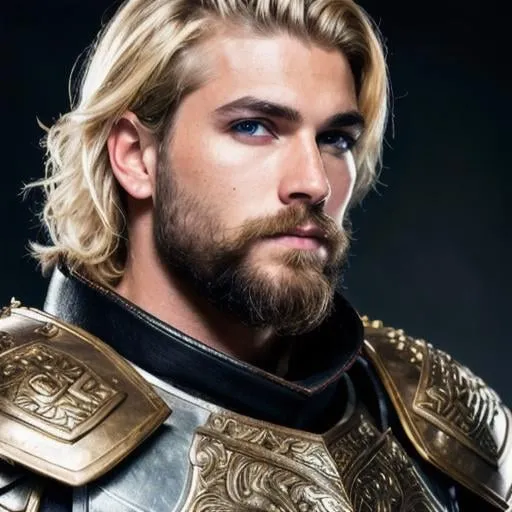 Prompt: male fantasy warrior, very handsome, medium musculature, dirty blonde, short wavy hair and short trimmed beard, full leather armor, very detailed eyes, UHD, 64K, sharp focus, studio photo, intricate details, highly detailed
