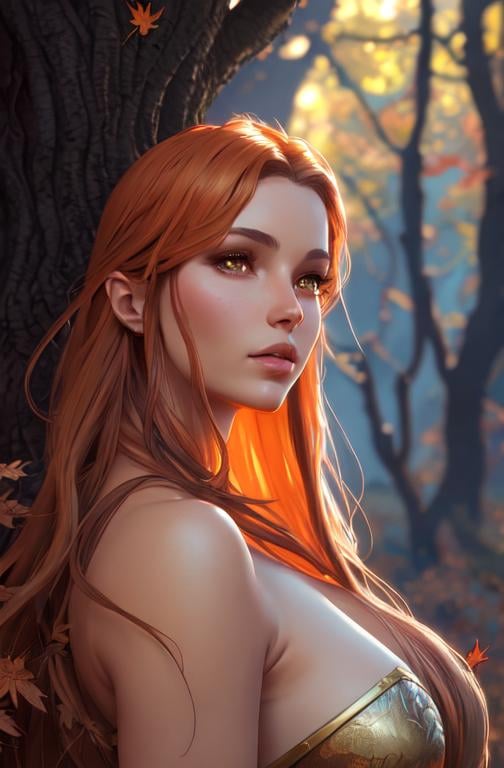 Prompt: dryads autumnal feminine great beauty and very beautiful physical features, just behind her oak surrounded by a thick autumnal forest volumetric soft lighting warm colors 8k resolution by Greg Rutkowski, Artgerm, Alphonse Mucha dynamic lighting hyperdetailed intricately detailed Splash art trending on Artstation Unreal Engine 5 volumetric lighting